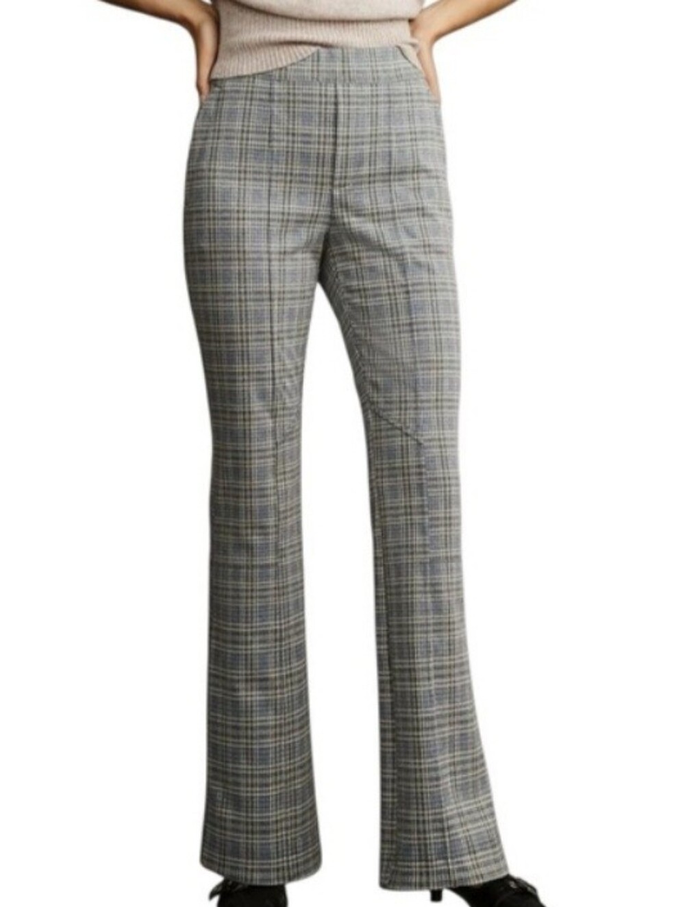 Anthropologie Plaid Ponte Stretch Knit Flare Size Small Pant Gray Blue